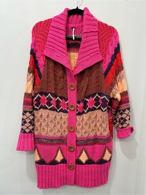NEW Free People Hot Pink Multi-Colored knit Cardigan- XS